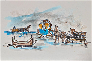 Fordon under vintern - då isarna var i gott skick. Sommartid kunde rotarna få ta med vagnar även, givetvis mot betalning.<br/>