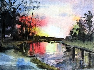 Akvarell, Väddö kanal, av Moa Sjöblom.