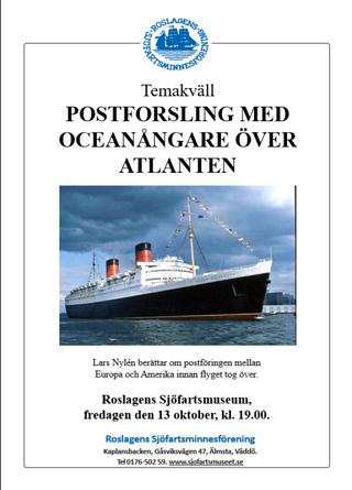 Temakväll: Postföring över Atlanten med oceanångare med Lars Nylén.
